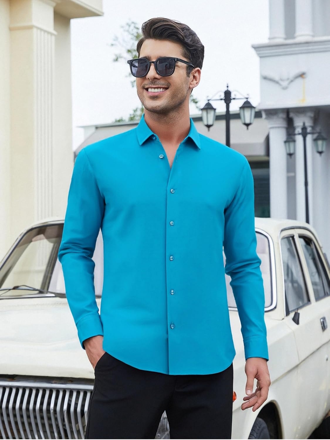 image:imageSAMERM Mens Dress Shirt Stretch Wrinkle Free Casual Button Down Shirts 4Way Stretch amp Moisture Wicking Performance Shirt for Business Wedding Work Church Easy Care Lightweight amp BreathableB11lake Blue