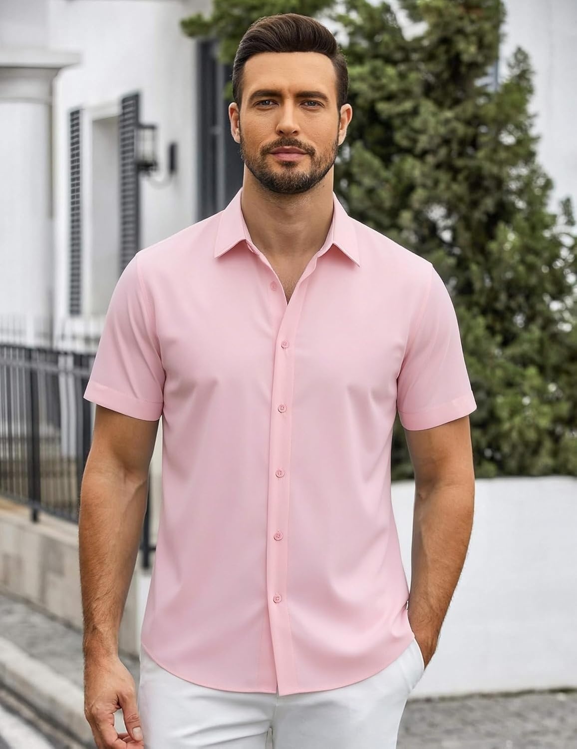image:imageSAMERM Mens Dress Shirt Stretch Wrinkle Free Casual Button Down Shirts 4Way Stretch amp Moisture Wicking Performance Shirt for Business Wedding Work Church Easy Care Lightweight amp BreathableA11pink