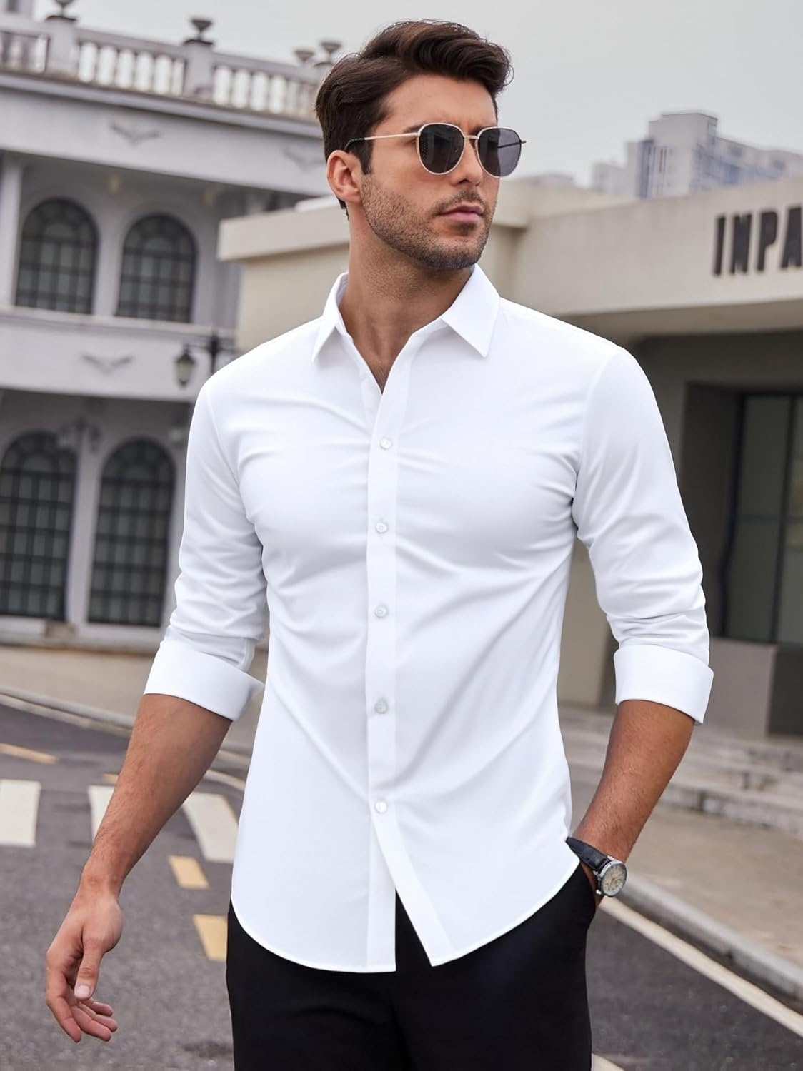 image:imageSAMERM Mens Dress Shirt Stretch Wrinkle Free Casual Button Down Shirts 4Way Stretch amp Moisture Wicking Performance Shirt for Business Wedding Work Church Easy Care Lightweight amp BreathableB1white