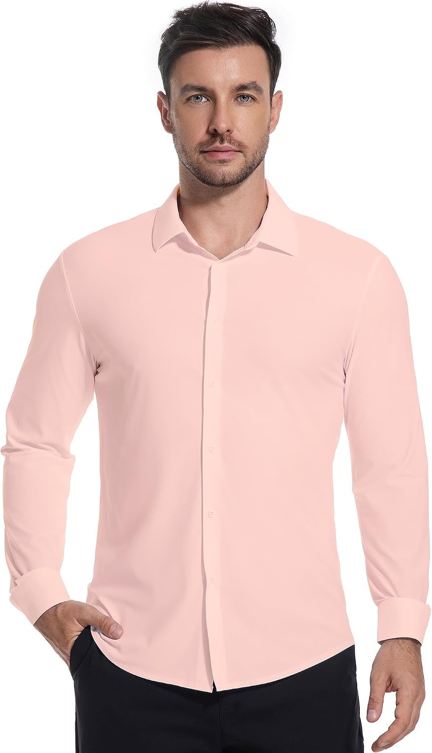 image:imageSAMERM Mens Dress Shirt Stretch Wrinkle Free Casual Button Down Shirts 4Way Stretch amp Moisture Wicking Performance Shirt for Business Wedding Work Church Easy Care Lightweight amp BreathableC1pink