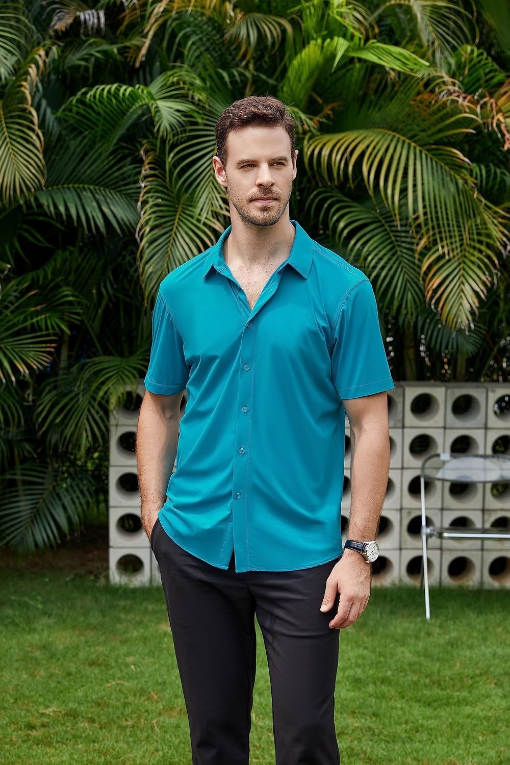 image:imageSAMERM Mens Dress Shirt Stretch Wrinkle Free Casual Button Down Shirts 4Way Stretch amp Moisture Wicking Performance Shirt for Business Wedding Work Church Easy Care Lightweight amp BreathableA4turquoise