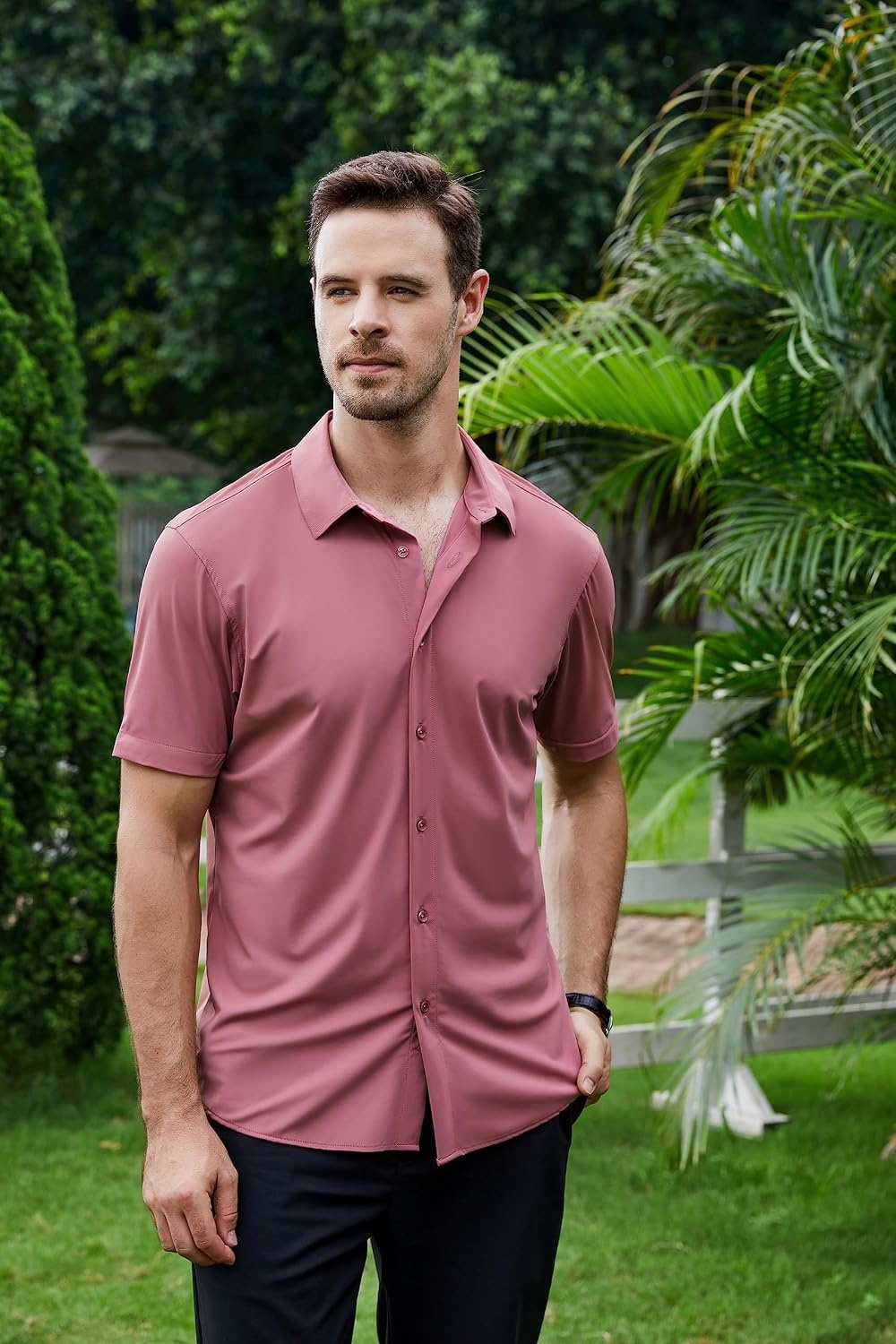 image:imageSAMERM Mens Dress Shirt Stretch Wrinkle Free Casual Button Down Shirts 4Way Stretch amp Moisture Wicking Performance Shirt for Business Wedding Work Church Easy Care Lightweight amp BreathableA5beanpink
