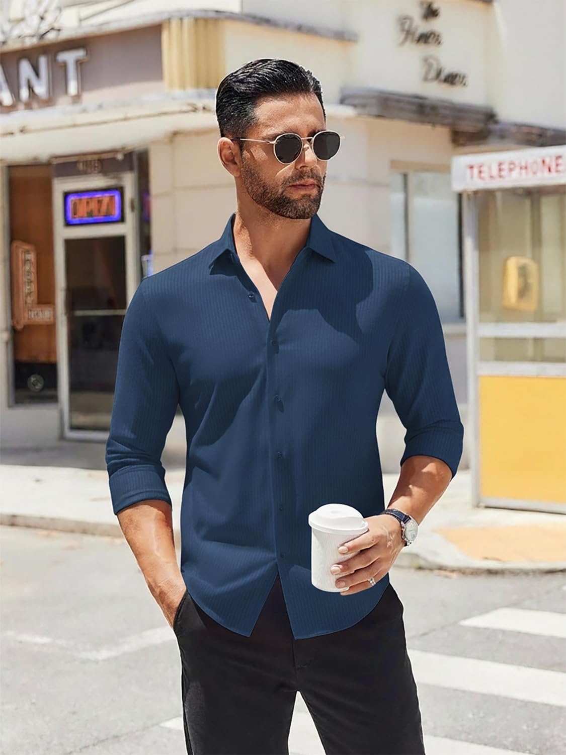 image:imageSAMERM Mens Dress Shirt Stretch Wrinkle Free Casual Button Down Shirts 4Way Stretch amp Moisture Wicking Performance Shirt for Business Wedding Work Church Easy Care Lightweight amp BreathableD3navy