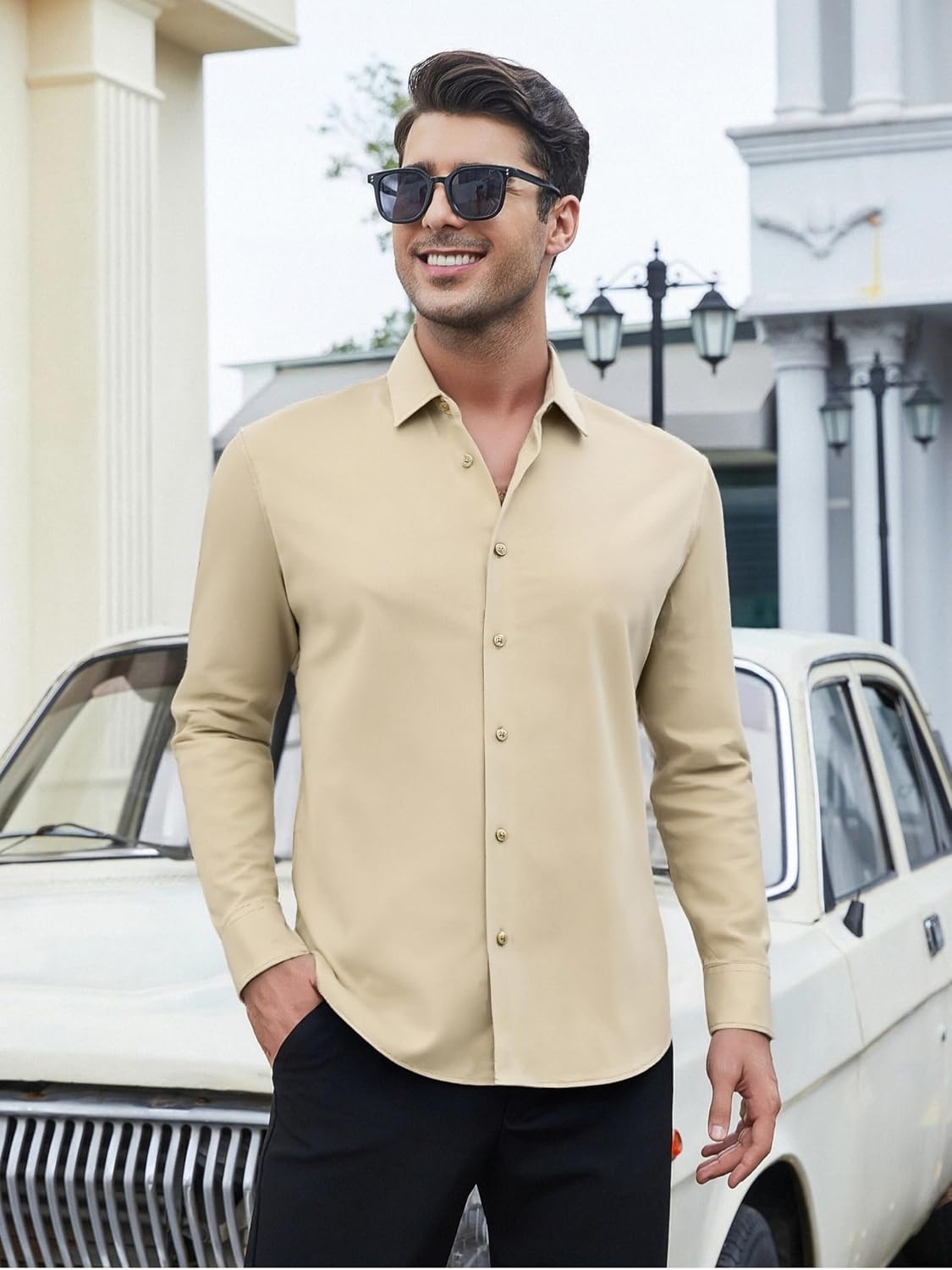 image:imageSAMERM Mens Dress Shirt Stretch Wrinkle Free Casual Button Down Shirts 4Way Stretch amp Moisture Wicking Performance Shirt for Business Wedding Work Church Easy Care Lightweight amp BreathableB8khaki