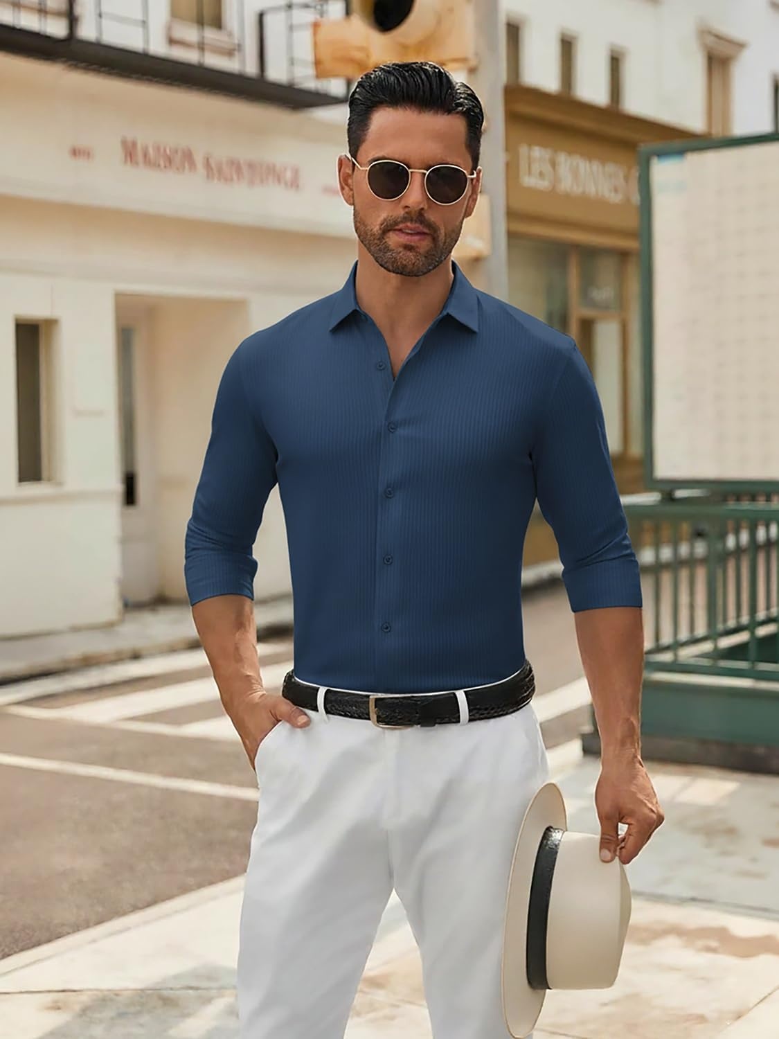 image:imageSAMERM Mens Dress Shirt Stretch Wrinkle Free Casual Button Down Shirts 4Way Stretch amp Moisture Wicking Performance Shirt for Business Wedding Work Church Easy Care Lightweight amp BreathableD3navy