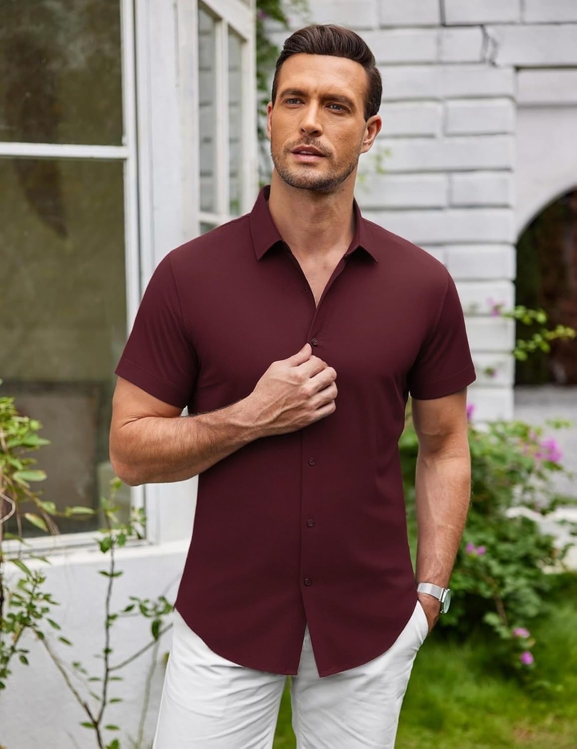 image:imageSAMERM Mens Dress Shirt Stretch Wrinkle Free Casual Button Down Shirts 4Way Stretch amp Moisture Wicking Performance Shirt for Business Wedding Work Church Easy Care Lightweight amp BreathableA9wine
