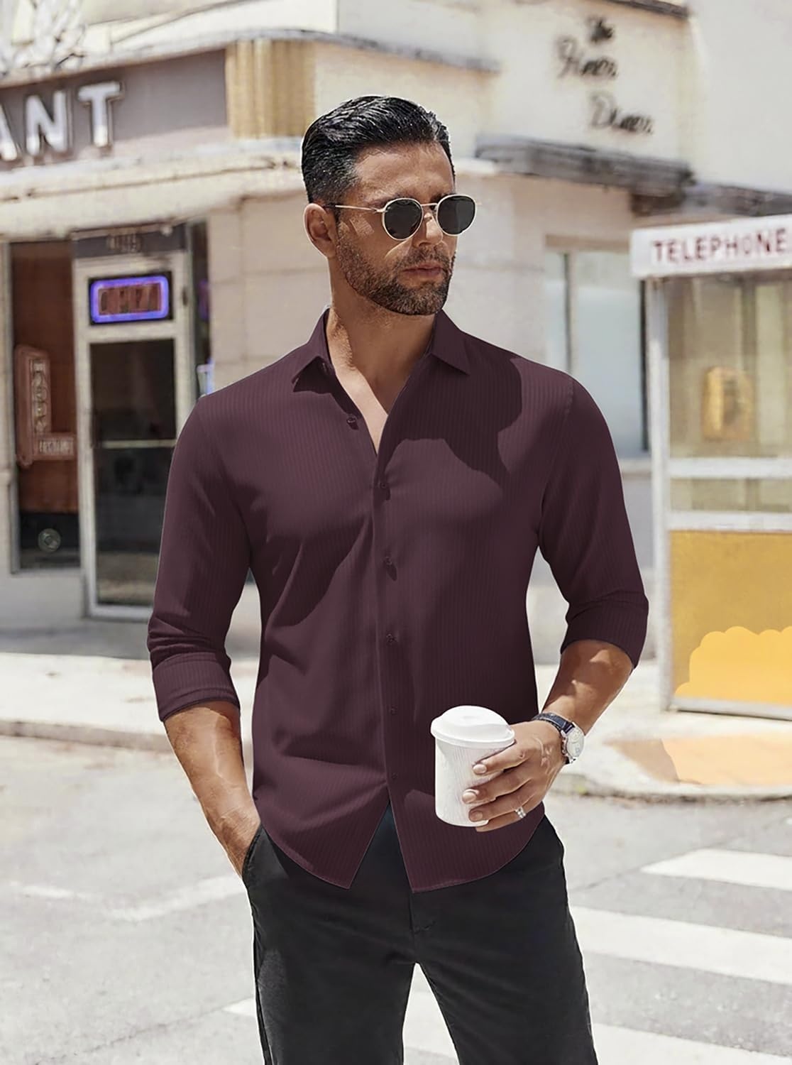 image:imageSAMERM Mens Dress Shirt Stretch Wrinkle Free Casual Button Down Shirts 4Way Stretch amp Moisture Wicking Performance Shirt for Business Wedding Work Church Easy Care Lightweight amp BreathableD5burgundy