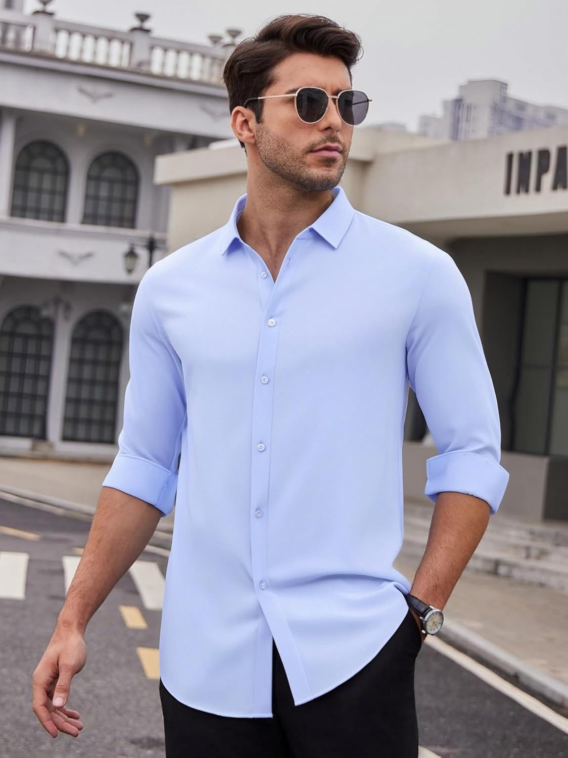 image:imageSAMERM Mens Dress Shirt Stretch Wrinkle Free Casual Button Down Shirts 4Way Stretch amp Moisture Wicking Performance Shirt for Business Wedding Work Church Easy Care Lightweight amp BreathableB3blue