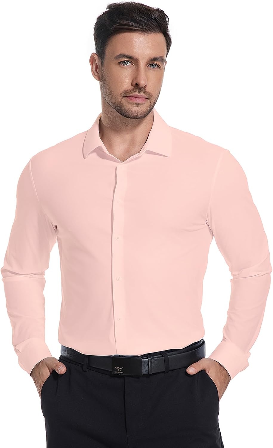 image:imageSAMERM Mens Dress Shirt Stretch Wrinkle Free Casual Button Down Shirts 4Way Stretch amp Moisture Wicking Performance Shirt for Business Wedding Work Church Easy Care Lightweight amp BreathableC1pink