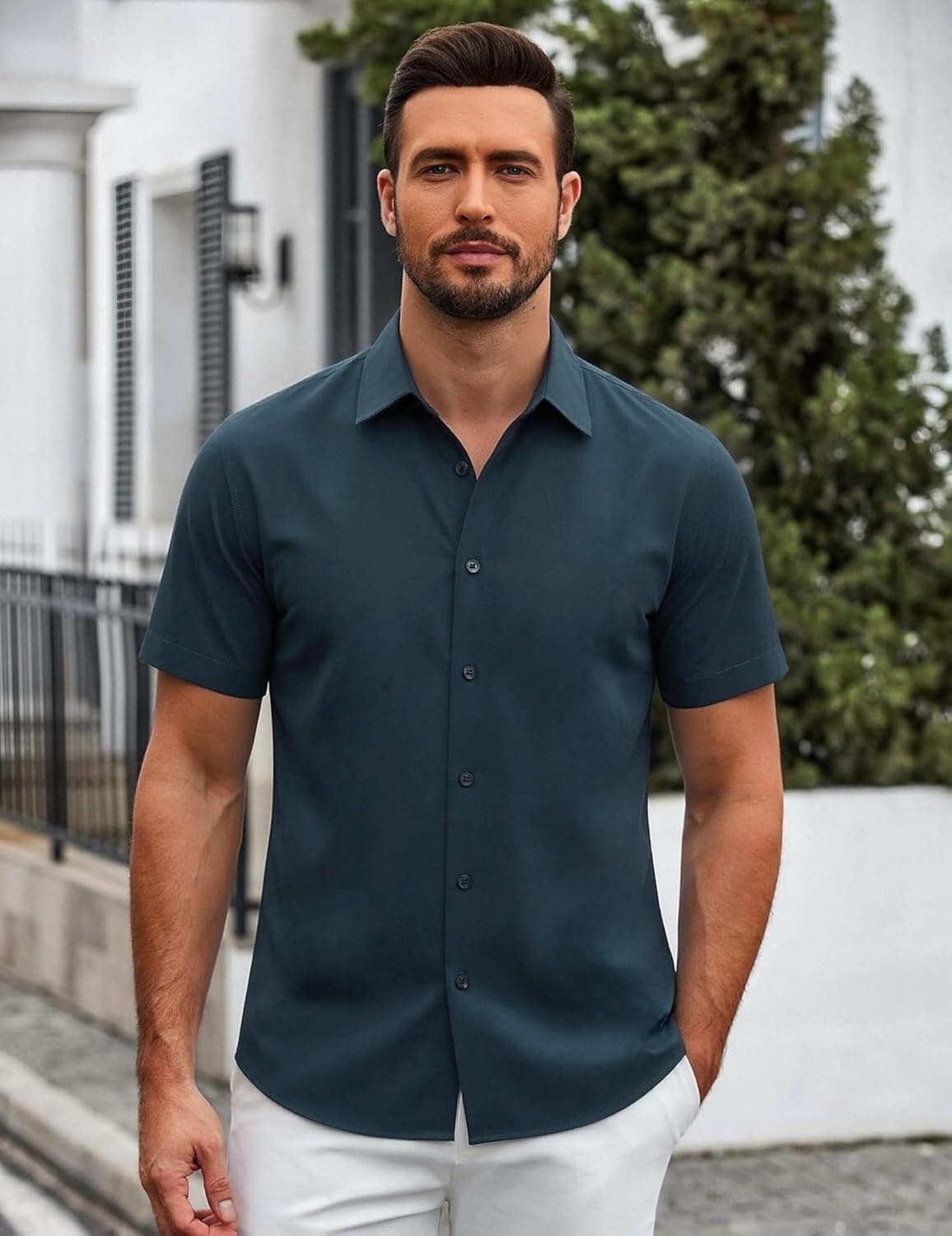 image:imageSAMERM Mens Dress Shirt Stretch Wrinkle Free Casual Button Down Shirts 4Way Stretch amp Moisture Wicking Performance Shirt for Business Wedding Work Church Easy Care Lightweight amp BreathableA6navy