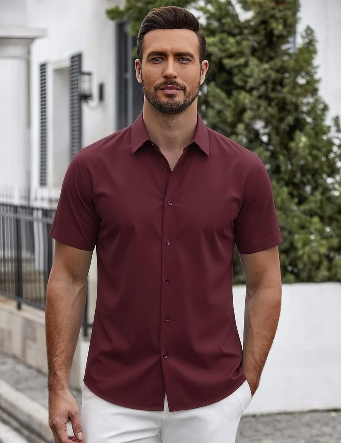 image:imageSAMERM Mens Dress Shirt Stretch Wrinkle Free Casual Button Down Shirts 4Way Stretch amp Moisture Wicking Performance Shirt for Business Wedding Work Church Easy Care Lightweight amp BreathableA9wine