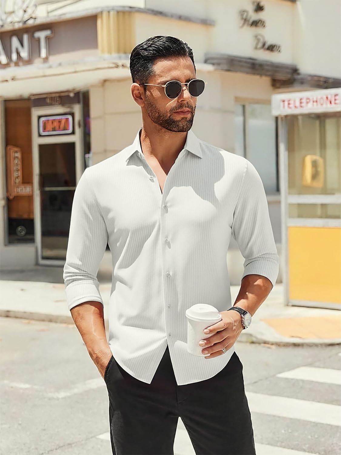 image:imageSAMERM Mens Dress Shirt Stretch Wrinkle Free Casual Button Down Shirts 4Way Stretch amp Moisture Wicking Performance Shirt for Business Wedding Work Church Easy Care Lightweight amp BreathableD1white