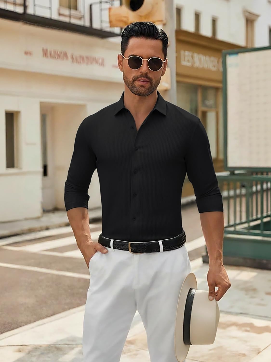 image:imageSAMERM Mens Dress Shirt Stretch Wrinkle Free Casual Button Down Shirts 4Way Stretch amp Moisture Wicking Performance Shirt for Business Wedding Work Church Easy Care Lightweight amp BreathableBlack