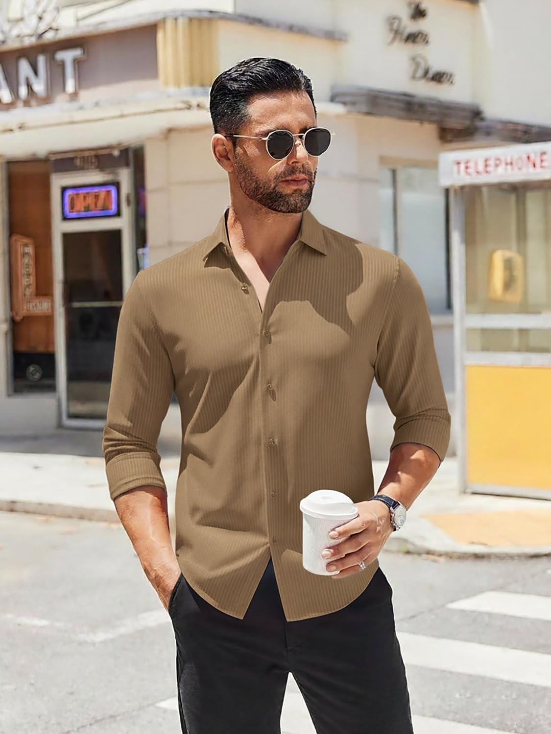 image:imageSAMERM Mens Dress Shirt Stretch Wrinkle Free Casual Button Down Shirts 4Way Stretch amp Moisture Wicking Performance Shirt for Business Wedding Work Church Easy Care Lightweight amp BreathableD6brown