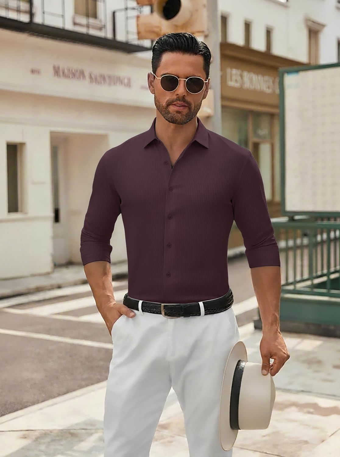 image:imageSAMERM Mens Dress Shirt Stretch Wrinkle Free Casual Button Down Shirts 4Way Stretch amp Moisture Wicking Performance Shirt for Business Wedding Work Church Easy Care Lightweight amp BreathableD5burgundy