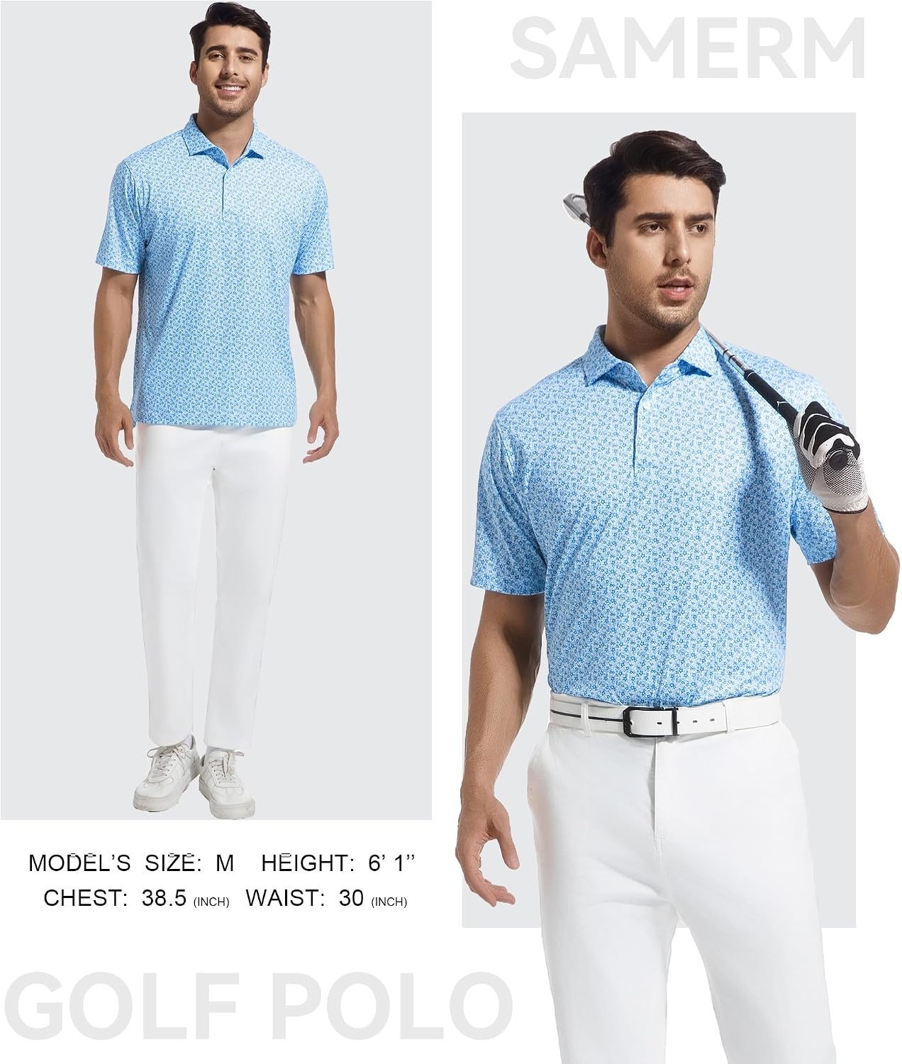 image:imageSAMERM Mens Golf Shirts Dry Fit Performance Sport Polo Shirts for Men Moisture Wicking Casual Print Golf Shirt Short Sleeve Stiff Collar 4Way Stretch Lightweight Comfort for SportWorkStay CoolBlue Flower Golf Shirt