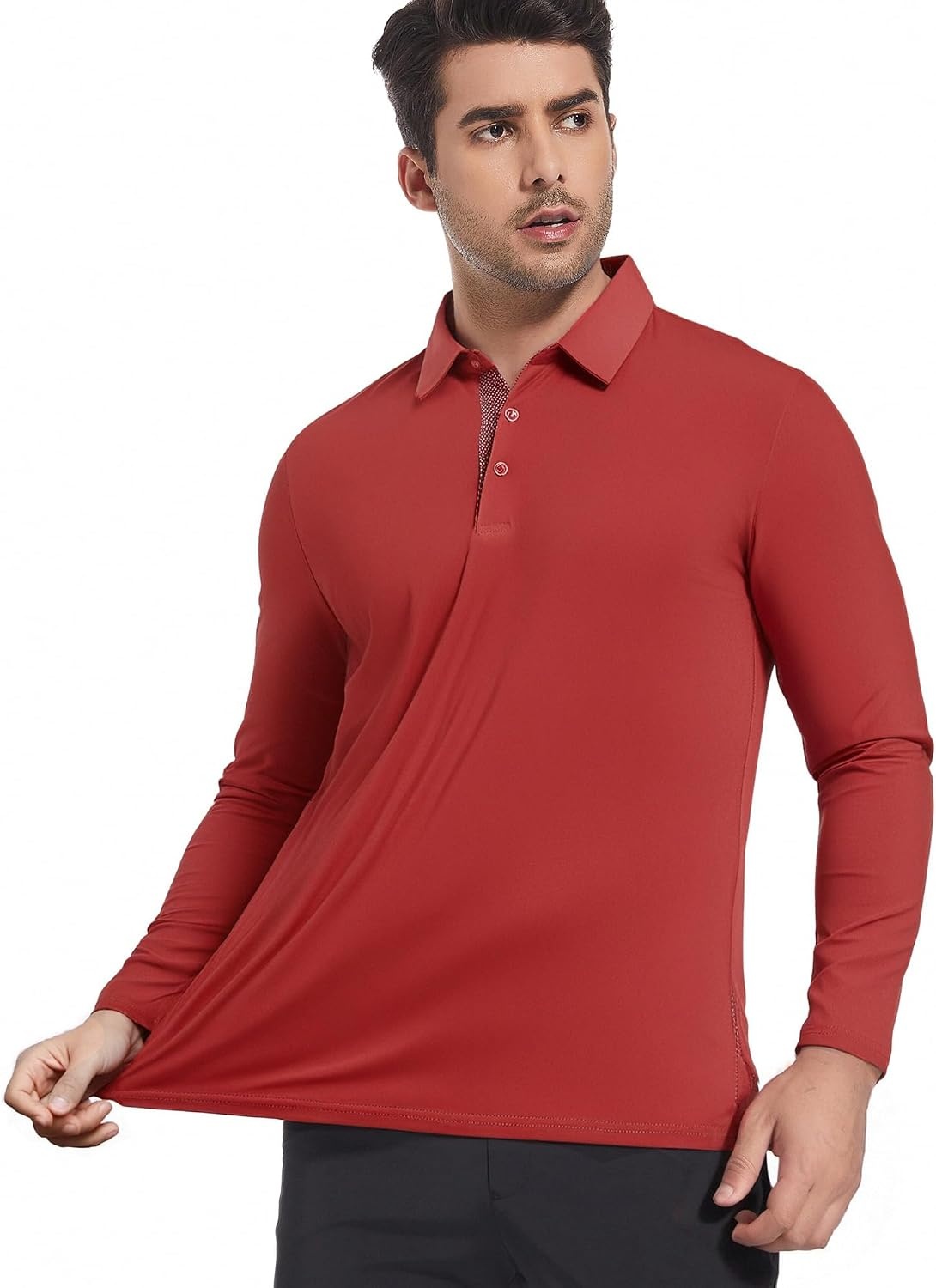 image:imageSAMERM Mens Long Sleeve Polo Shirts Moisture Wicking Golf Shirts Soft 4Way Stretch Performance Collared Shirt UPF 50Dry Fitamp Lightweight Ideal for GolfOffice WorkCasual WearMens Polo Red