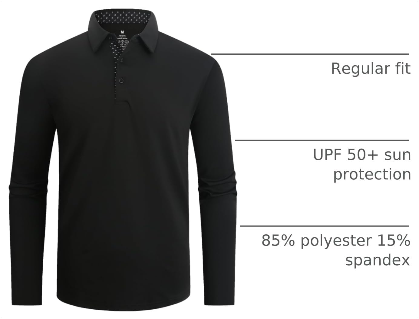 image:imageSAMERM Mens Long Sleeve Polo Shirts Moisture Wicking Golf Shirts Soft 4Way Stretch Performance Collared Shirt UPF 50Dry Fitamp Lightweight Ideal for GolfOffice WorkCasual WearMens Polo Black