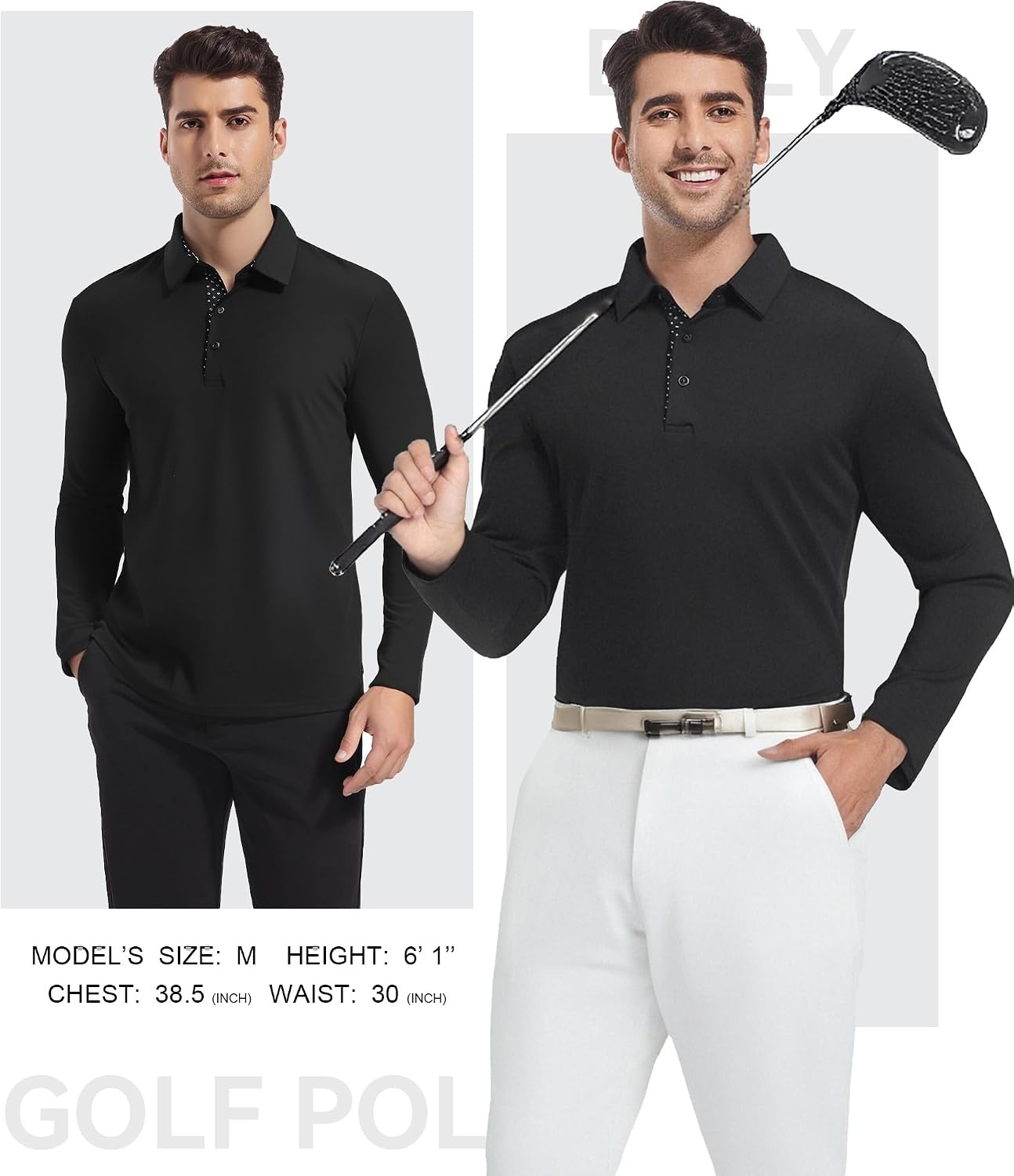 image:imageSAMERM Mens Long Sleeve Polo Shirts Moisture Wicking Golf Shirts SoftMens Polo Black