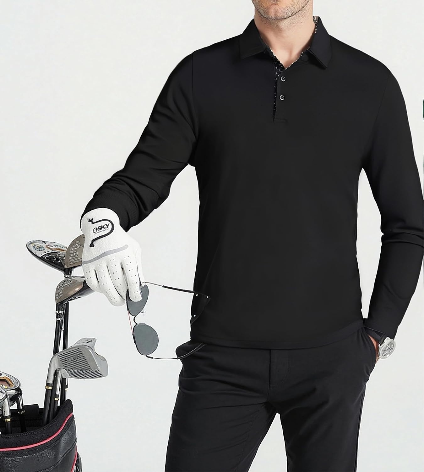image:imageSAMERM Mens Long Sleeve Polo Shirts Moisture Wicking Golf Shirts SoftMens Polo Black