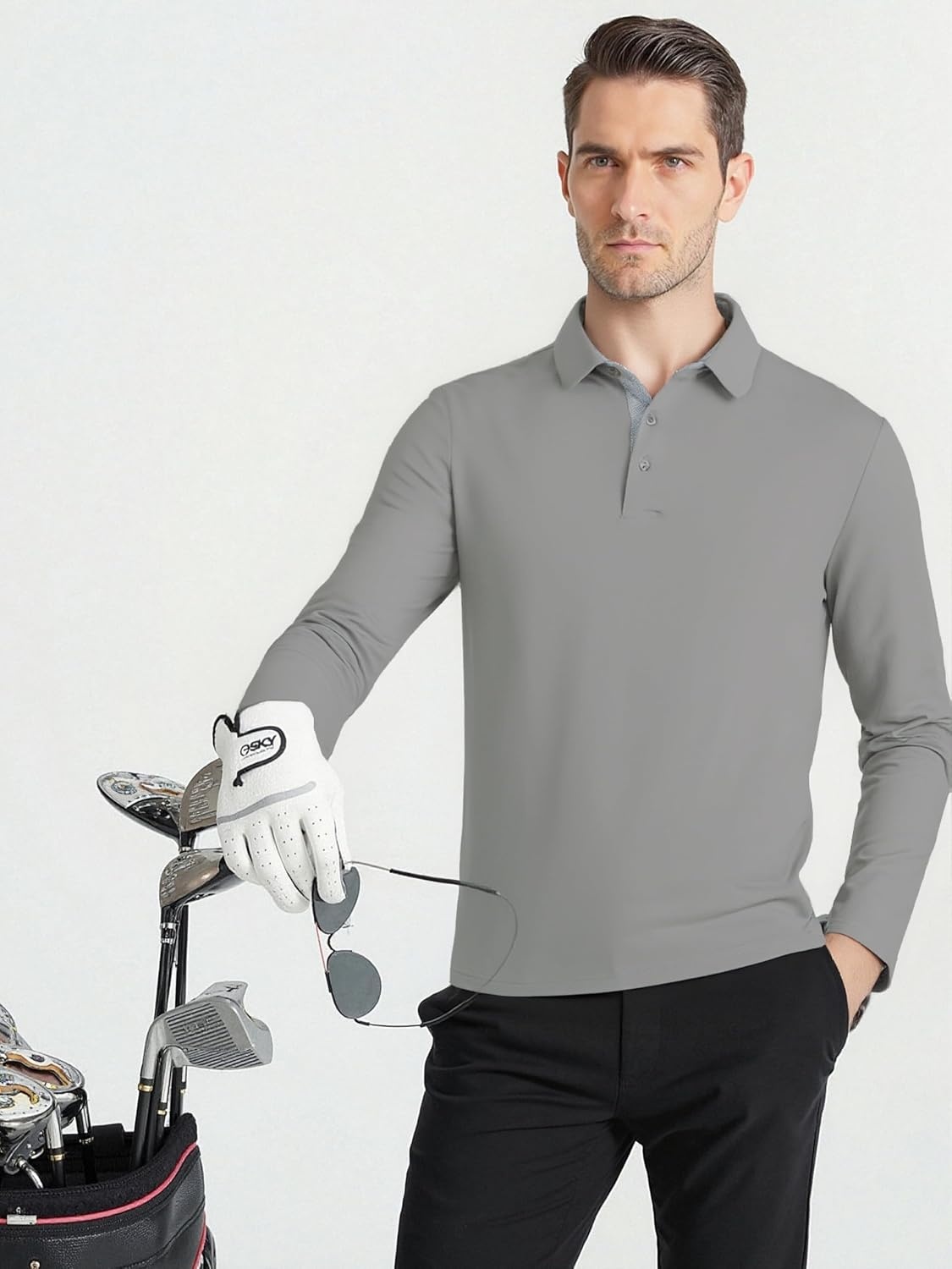 image:imageSAMERM Mens Long Sleeve Polo Shirts Moisture Wicking Golf Shirts SoftMens Polo Grey