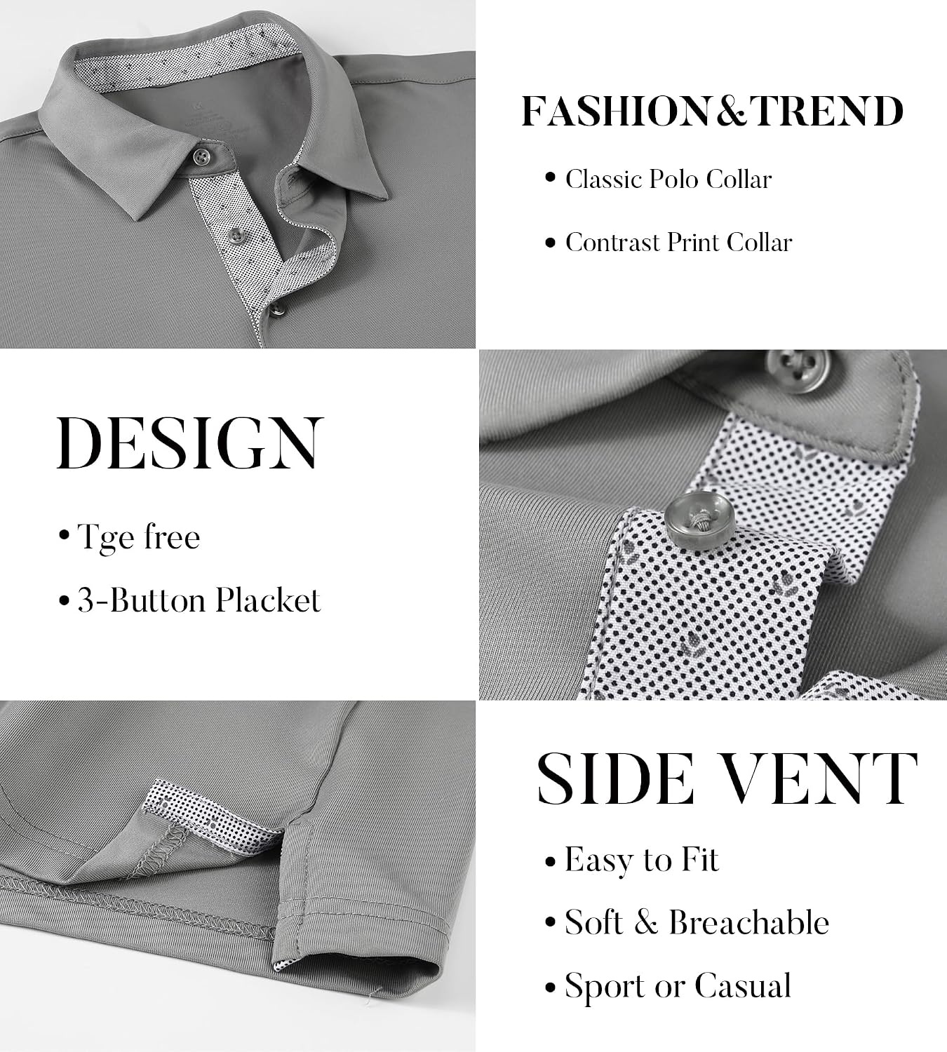image:imageSAMERM Mens Long Sleeve Polo Shirts Moisture Wicking Golf Shirts SoftMens Polo Grey