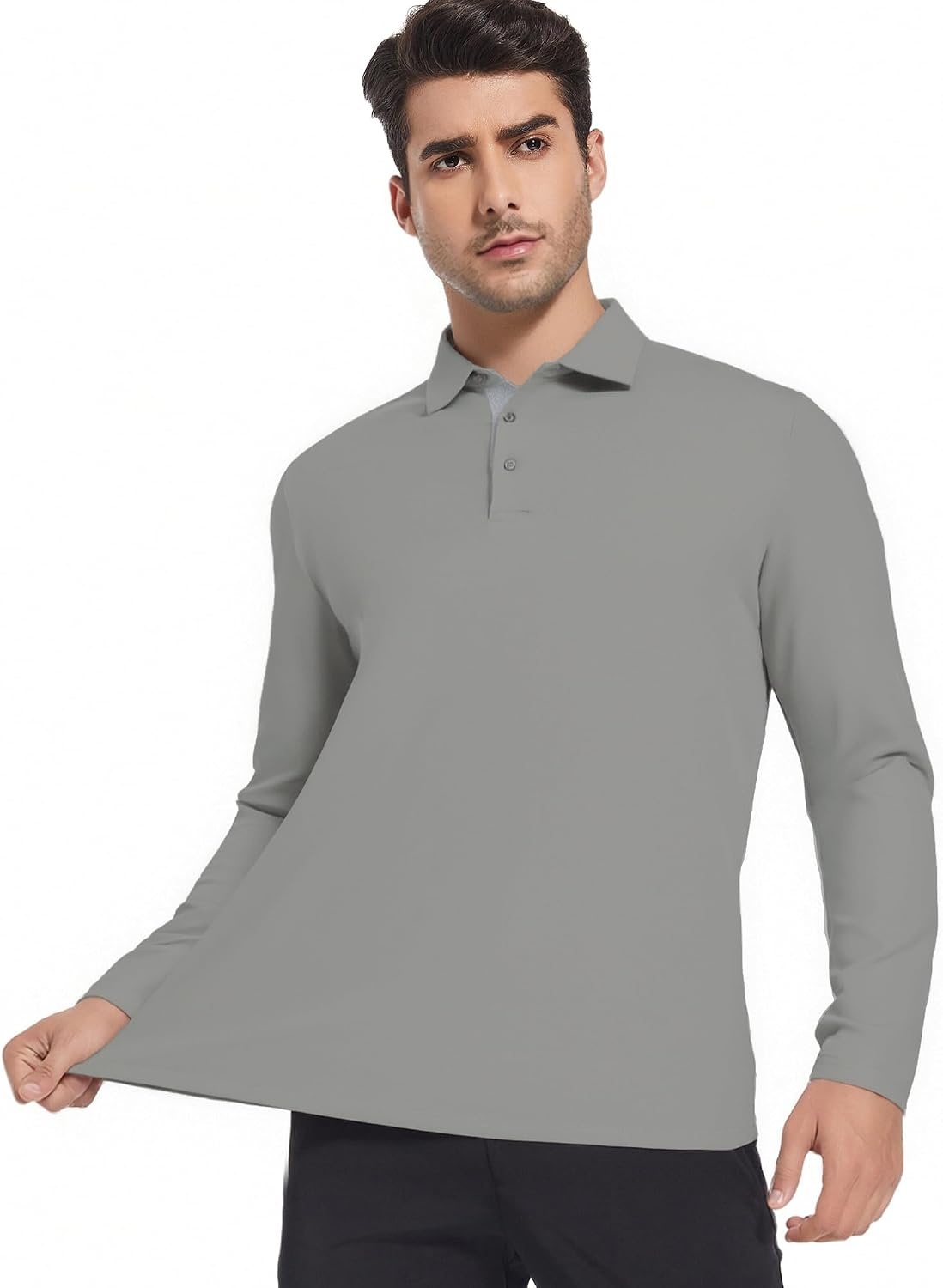 image:imageSAMERM Mens Long Sleeve Polo Shirts Moisture Wicking Golf Shirts SoftMens Polo Grey