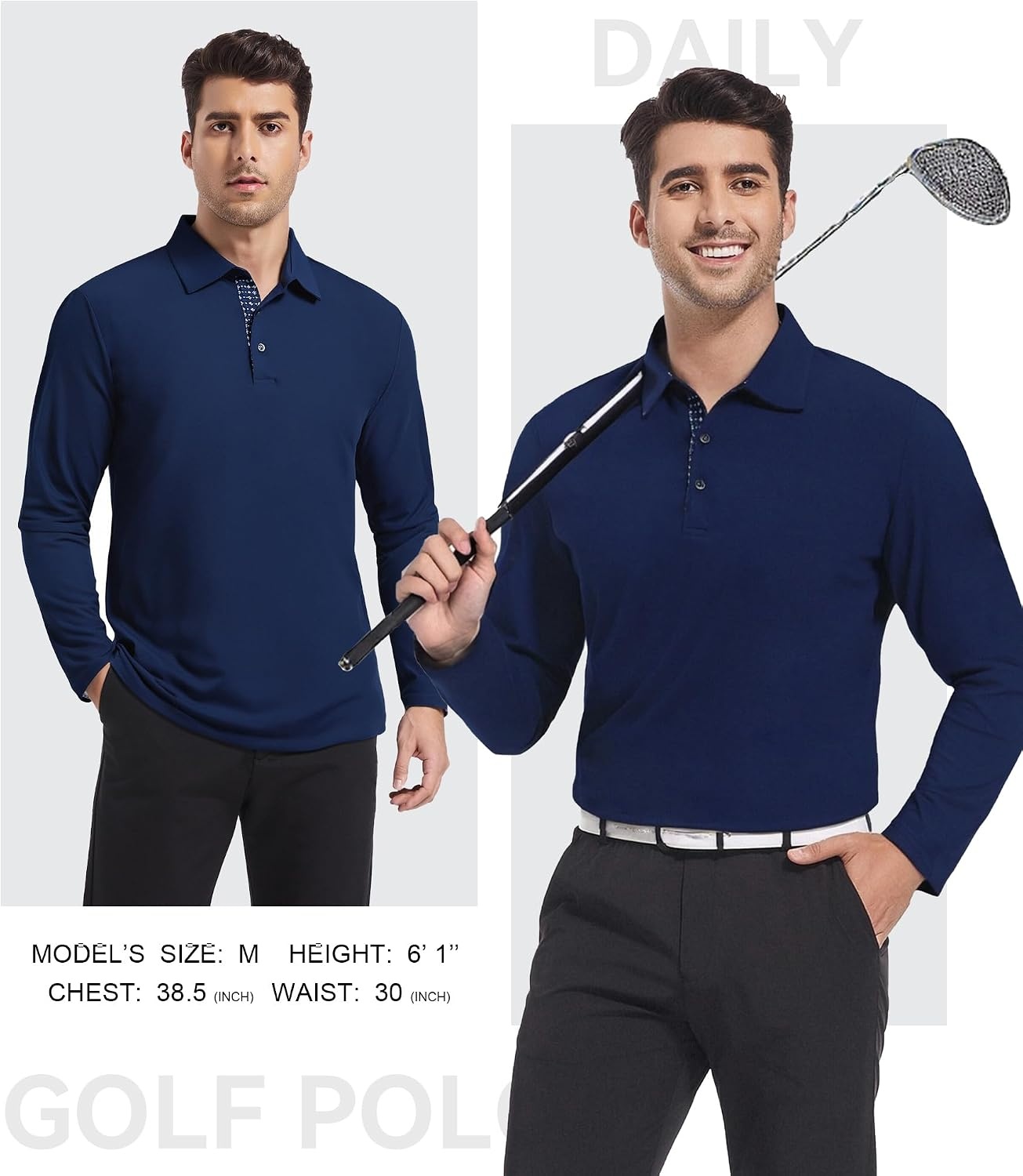 image:imageSAMERM Mens Long Sleeve Polo Shirts Moisture Wicking Golf Shirts SoftMens Polo Navy