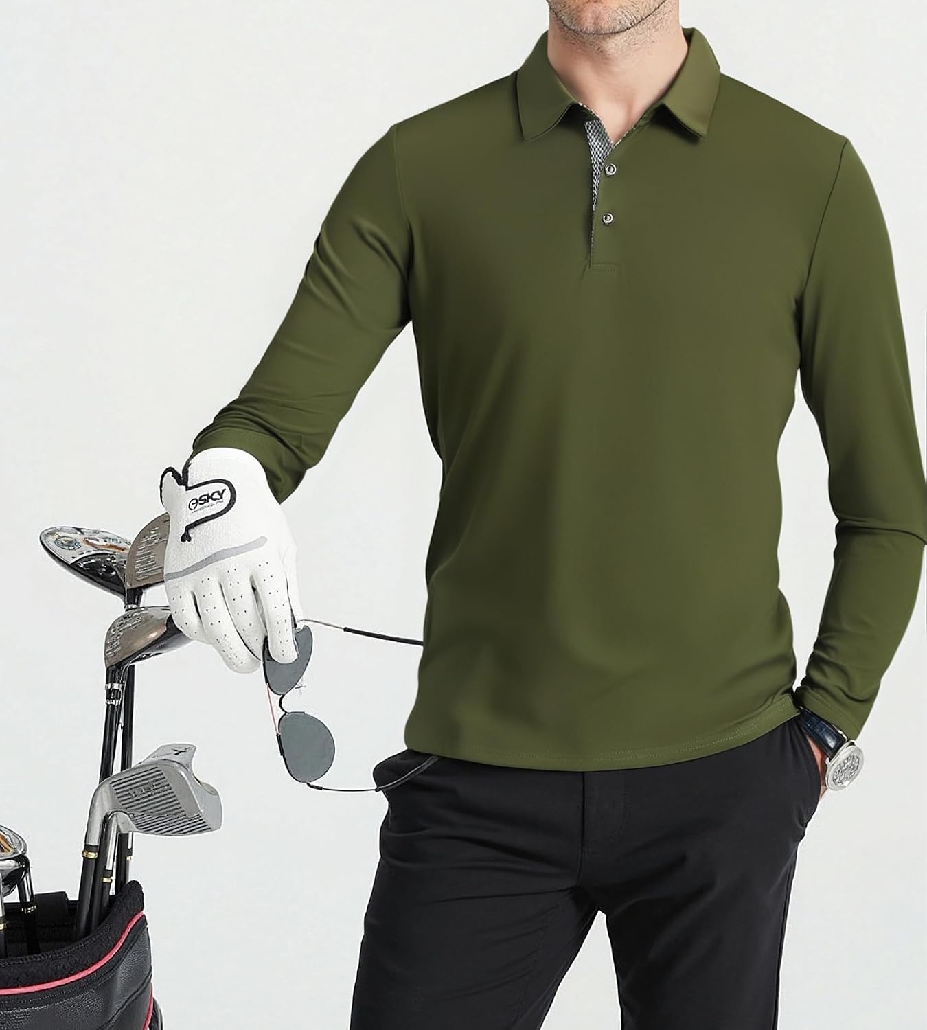 image:imageSAMERM Mens Long Sleeve Polo Shirts Moisture Wicking Golf Shirts SoftMens Polo Olive Green