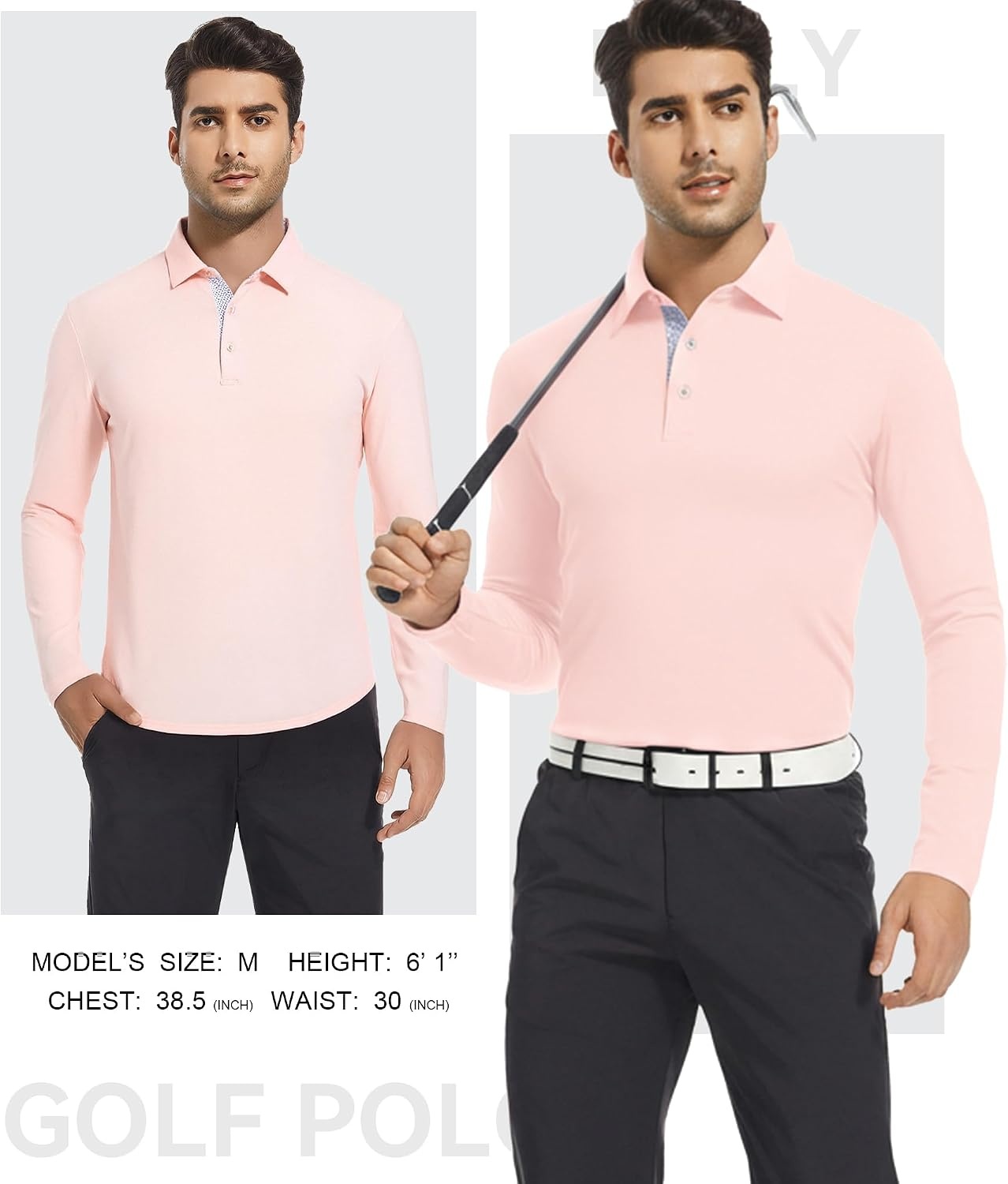 image:imageSAMERM Mens Long Sleeve Polo Shirts Moisture Wicking Golf Shirts SoftMens Polo Pink