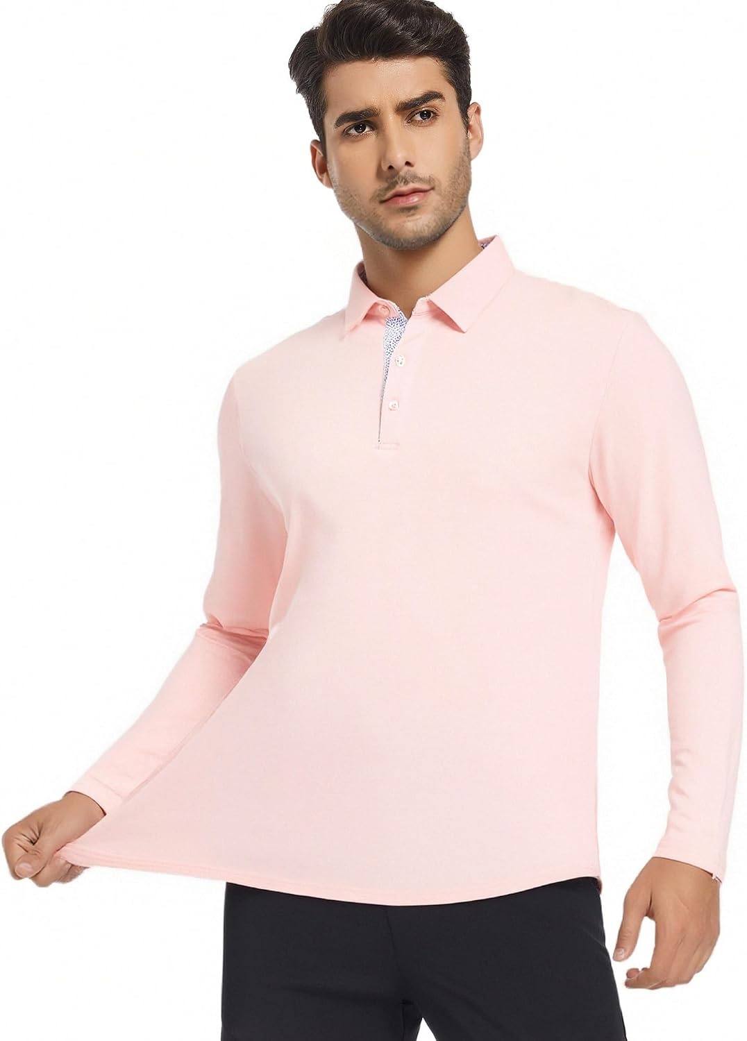image:imageSAMERM Mens Long Sleeve Polo Shirts Moisture Wicking Golf Shirts SoftMens Polo Pink