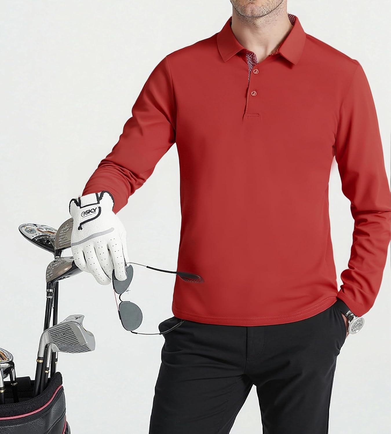 image:imageSAMERM Mens Long Sleeve Polo Shirts Moisture Wicking Golf Shirts SoftMens Polo Red