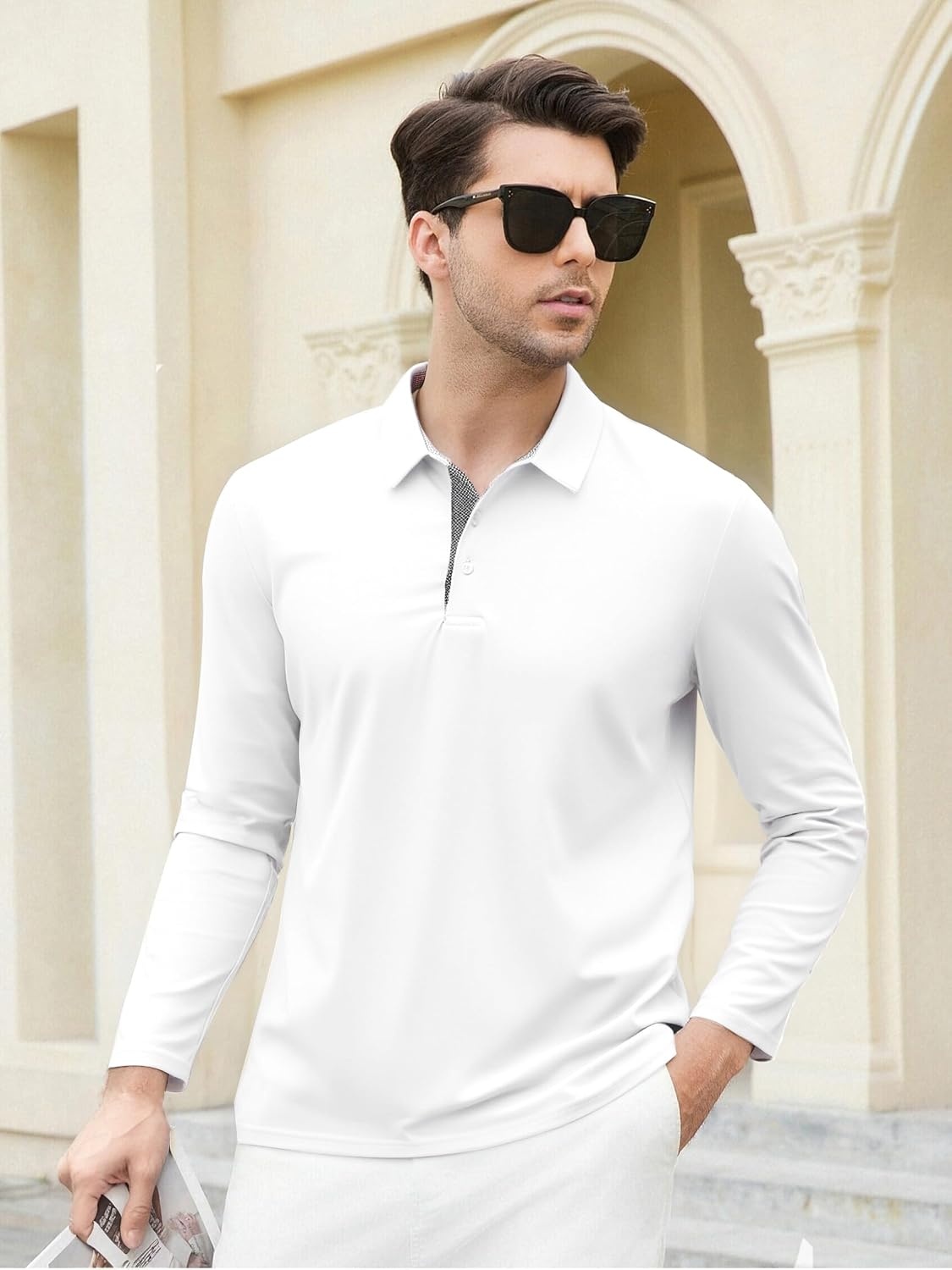 image:imageSAMERM Mens Long Sleeve Polo Shirts Moisture Wicking Golf Shirts SoftMens Polo White
