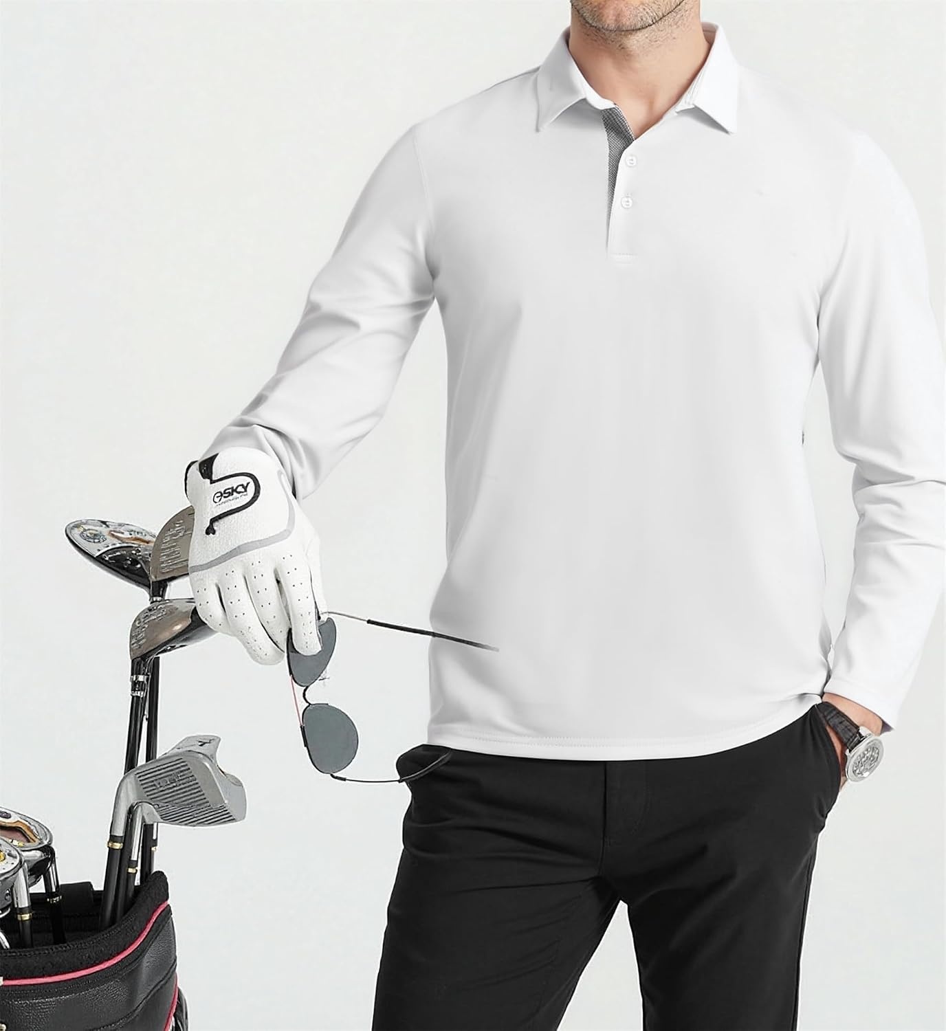 image:imageSAMERM Mens Long Sleeve Polo Shirts Moisture Wicking Golf Shirts SoftMens Polo White