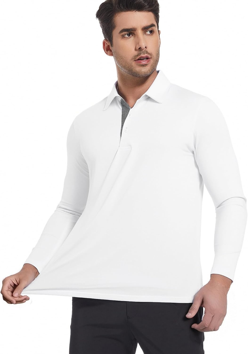 image:imageSAMERM Mens Long Sleeve Polo Shirts Moisture Wicking Golf Shirts SoftMens Polo White