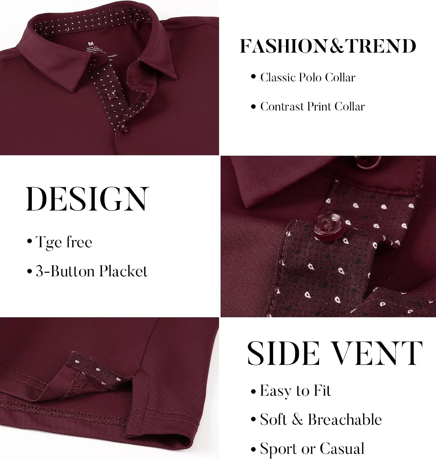 image:imageSAMERM Mens Long Sleeve Polo Shirts Moisture Wicking Golf Shirts SoftMens Polo Wine Red