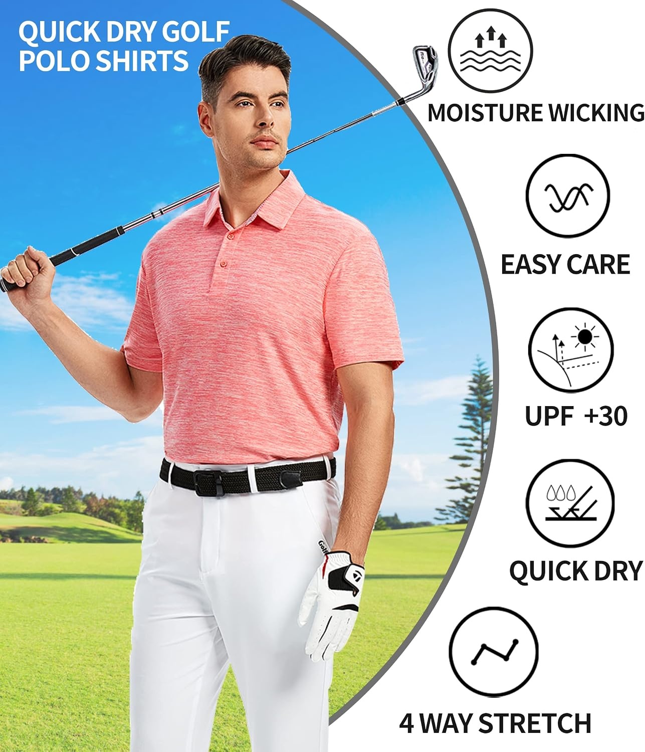 image:imageSAMERM Golf Shirts for Men Super Stretch Jacquard Dry Fit Golf Polo Moisture Wicking Short Sleeve Polo Shirts for MenPink Solid Polo Shirt