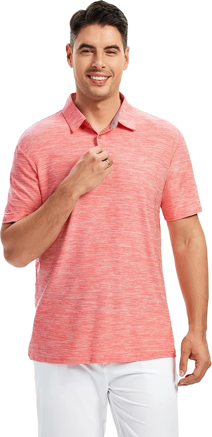image:imageSAMERM Golf Shirts for Men Super Stretch Jacquard Dry Fit Golf Polo Moisture Wicking Short Sleeve Polo Shirts for MenPink Solid Polo Shirt