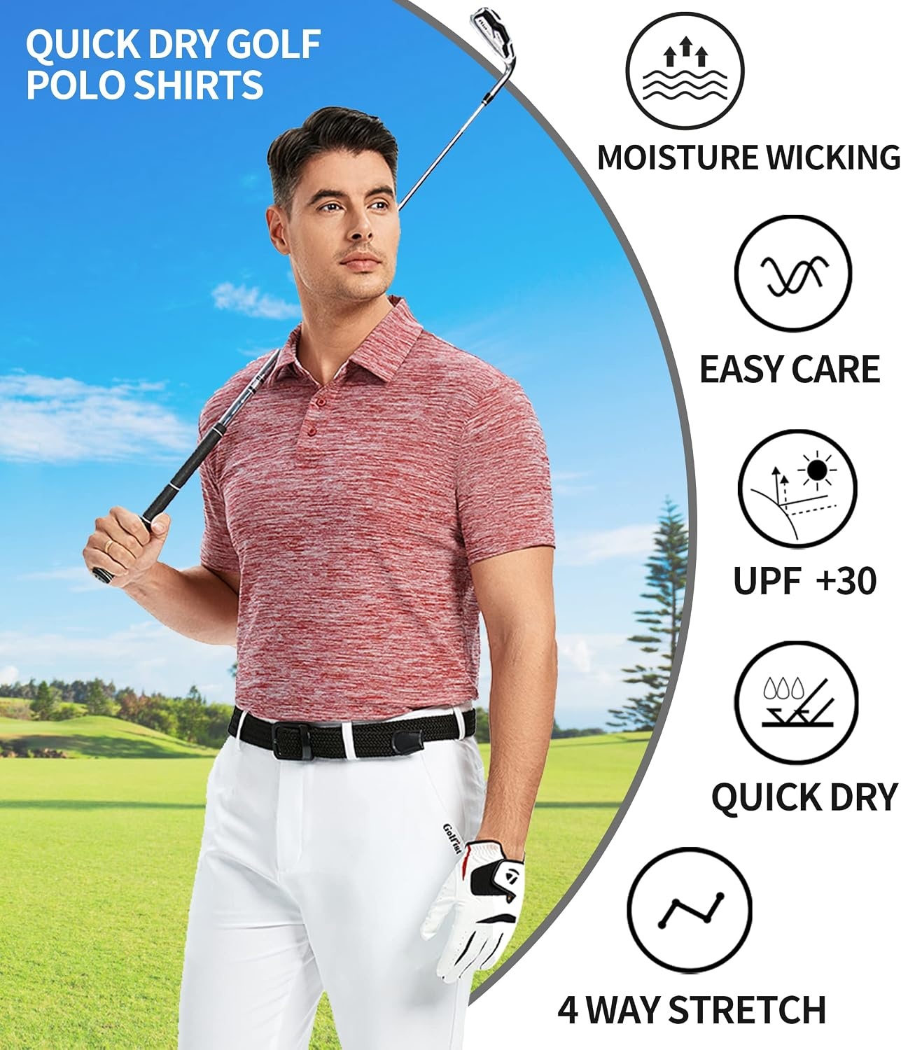 image:imageSAMERM Golf Shirts for Men Super Stretch Jacquard Dry Fit Golf Polo Moisture Wicking Short Sleeve Polo Shirts for MenRed