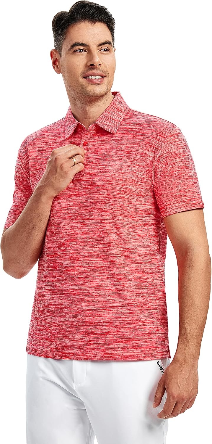 image:imageSAMERM Golf Shirts for Men Super Stretch Jacquard Dry Fit Golf Polo Moisture Wicking Short Sleeve Polo Shirts for MenRed01
