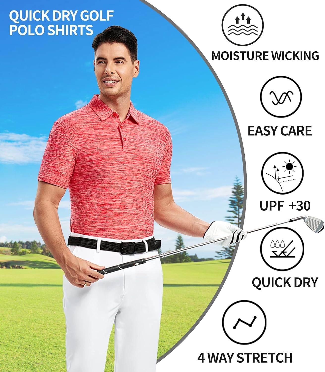 image:imageSAMERM Golf Shirts for Men Super Stretch Jacquard Dry Fit Golf Polo Moisture Wicking Short Sleeve Polo Shirts for MenRed01