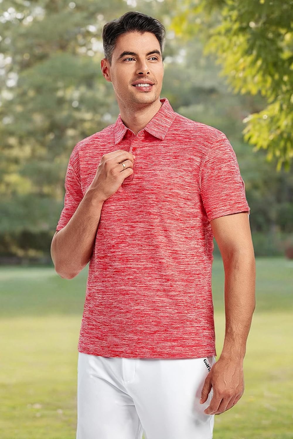 image:imageSAMERM Golf Shirts for Men Super Stretch Jacquard Dry Fit Golf Polo Moisture Wicking Short Sleeve Polo Shirts for MenRed01